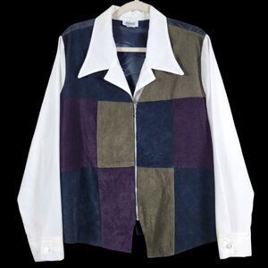 VTG Ilyza New York Womens Retro Colorblock Patchwork Zip Front Blouse Jacket 1X